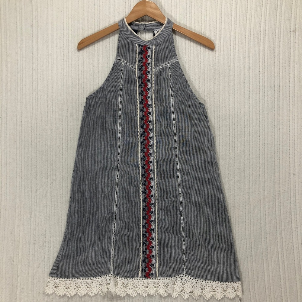 Stripe Halter‎ Dress Embroidered Lace Trim Blue White Red Cotton Blend Size S - Picture 2 of 7